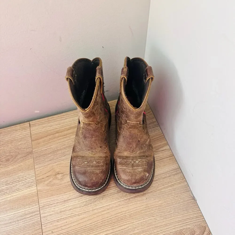 Justin Glitzi Light Up Round Toe Brown Leather Western Boots Girls Size 1